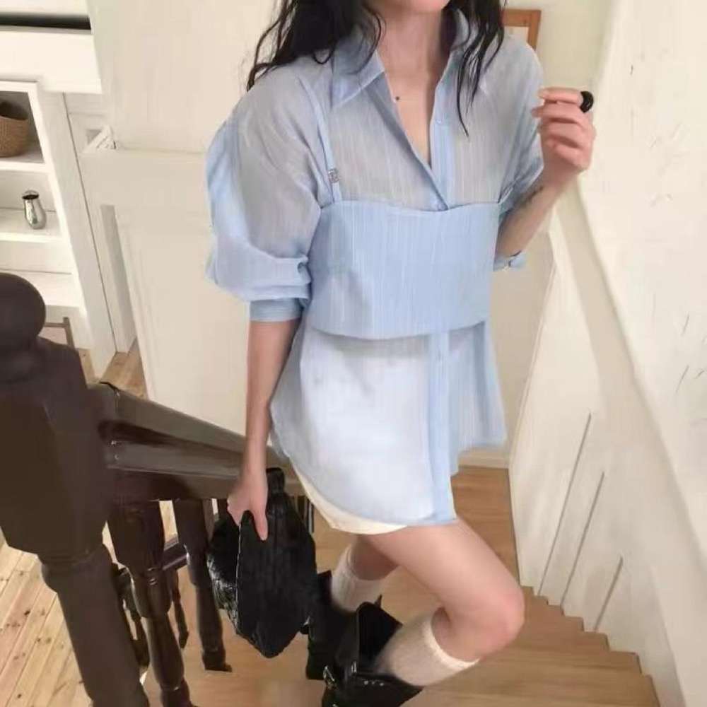 No.2 無二｜韓國🇰🇷真兩件條紋襯衫 微透膚防曬罩衫 防曬外套-細節圖3