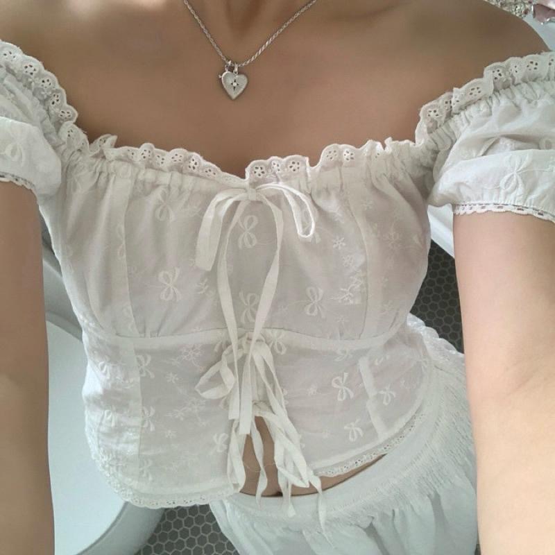 No.2 無二 | 韓版🇰🇷ins 復古2way蕾絲綁帶平口上衣 純欲蝴蝶結綁帶襯衫  氣質泡泡袖上衣 一字領-細節圖6
