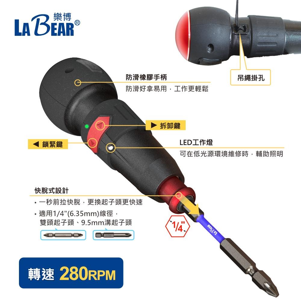 【LaBear】兩用 電動螺絲起子 電動/手動 LED照明 掛繩孔 充電式 電動起子組 隨身電動起子 螺絲起子機-細節圖4