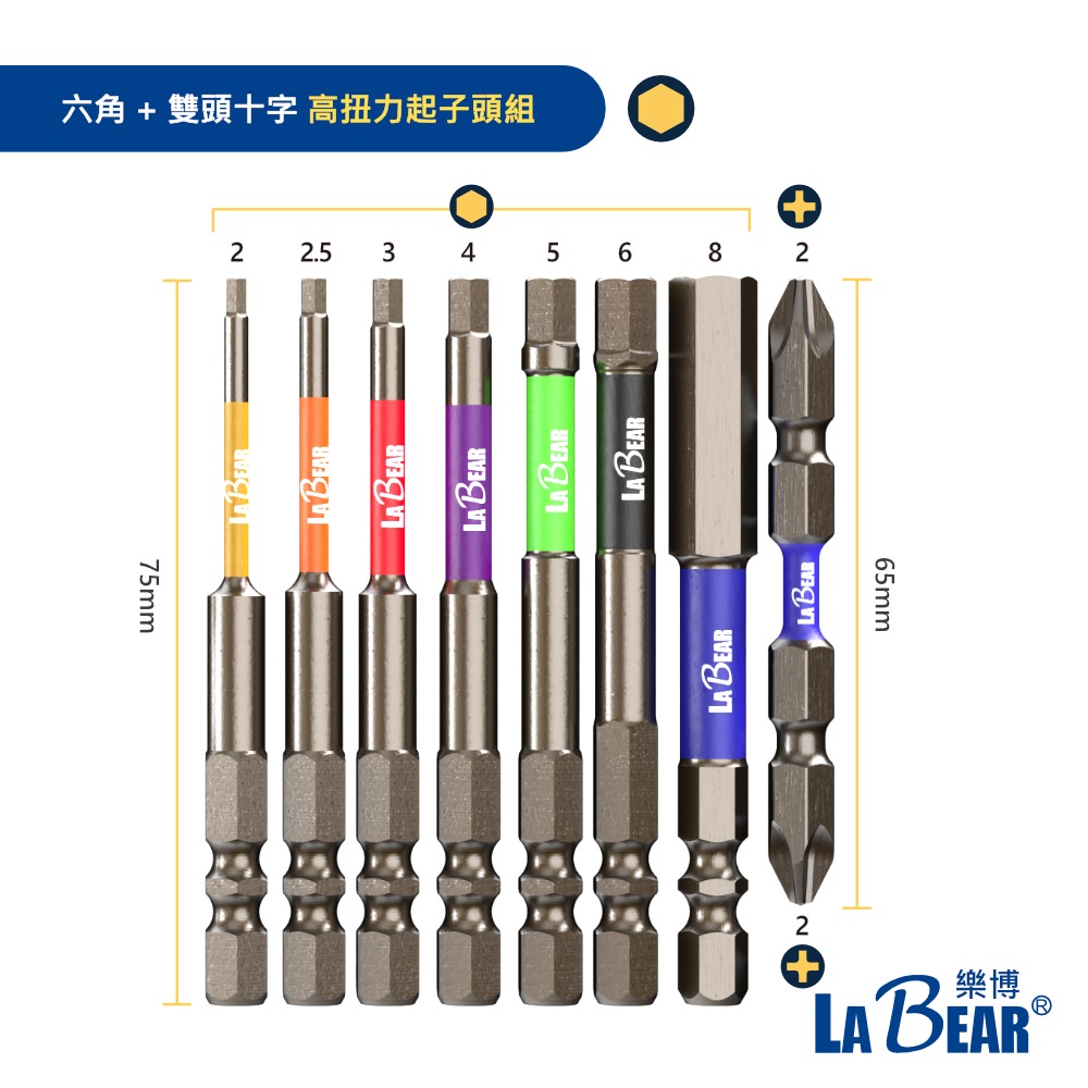 【LaBear】8pcs 彩色 高扭力起子頭 六角/星型 雙溝起子頭 1/4＂ 75L 高強度起子頭 十字雙頭 台灣製-細節圖3