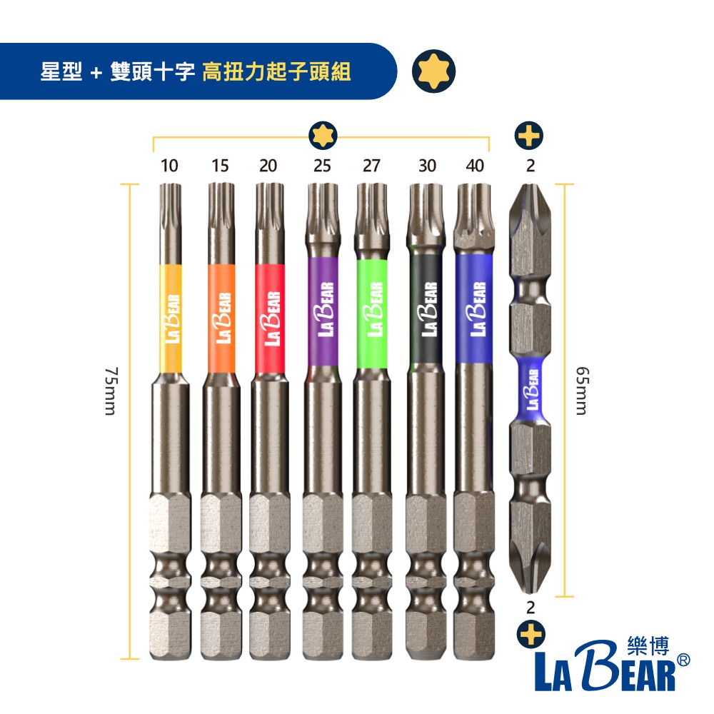 【LaBear】8pcs 彩色 高扭力起子頭 六角/星型 雙溝起子頭 1/4＂ 75L 高強度起子頭 十字雙頭 台灣製-細節圖4