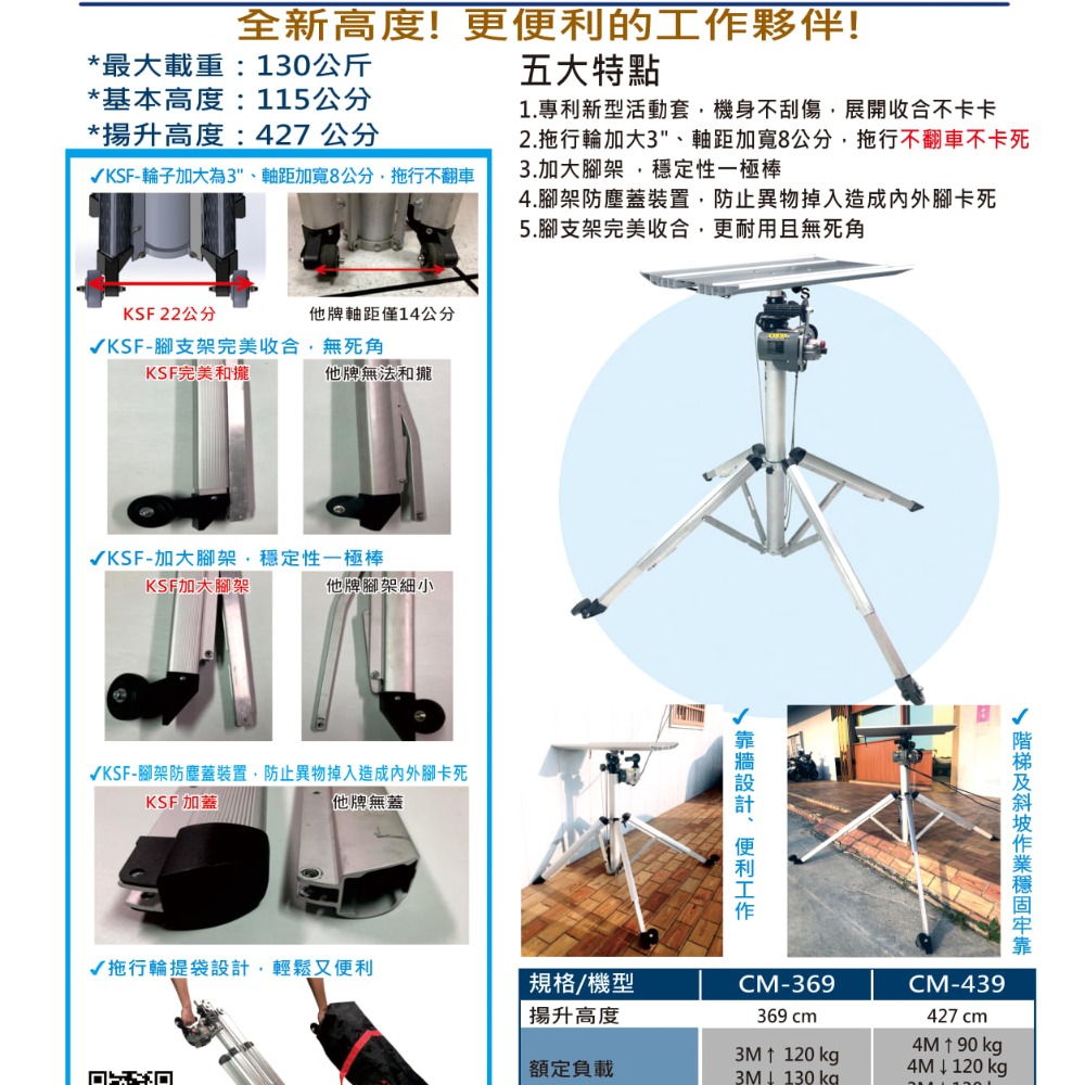 【潭子工具女戰神】國勝豐 KSF 昇降機 升降機 CM439 427cm 專利 加大角架摺疊收納冷氣空調-細節圖4