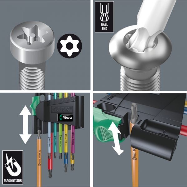 德國【WERA】 967 SPKL/9TX BO 彩色膠套星型球頭中孔扳手9支組-附增消磁器 星型中空-細節圖3