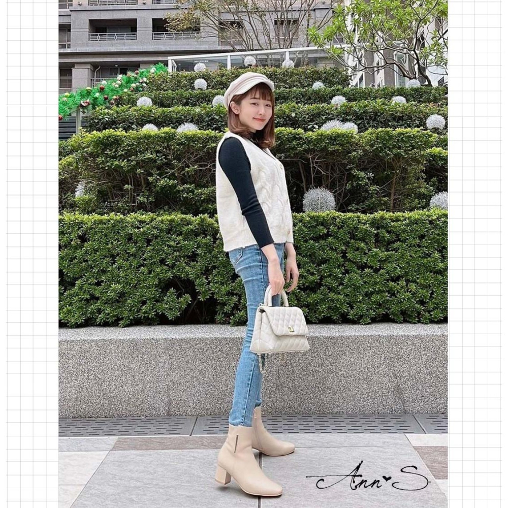 全新轉賣 Ann＇s 可以穿很久-直條金屬全真皮小羊皮粗跟短靴5cm 杏色 38號-細節圖3