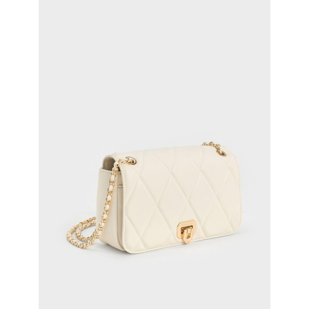 二手轉賣 Charles & Keith 小CK Arwen 菱格肩背包 奶油色 S-細節圖2