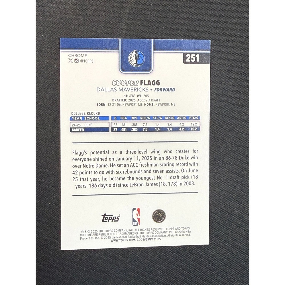 NBA Topps Cooper Flagg 2025-26 Chrome Base Hyper-細節圖2