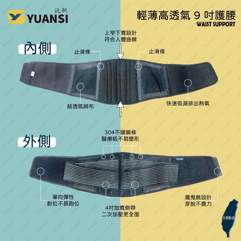 【沅新國際-YUANSI】 輕薄高透氣9吋護腰 台灣製造 護腰推薦(YS101)-細節圖3