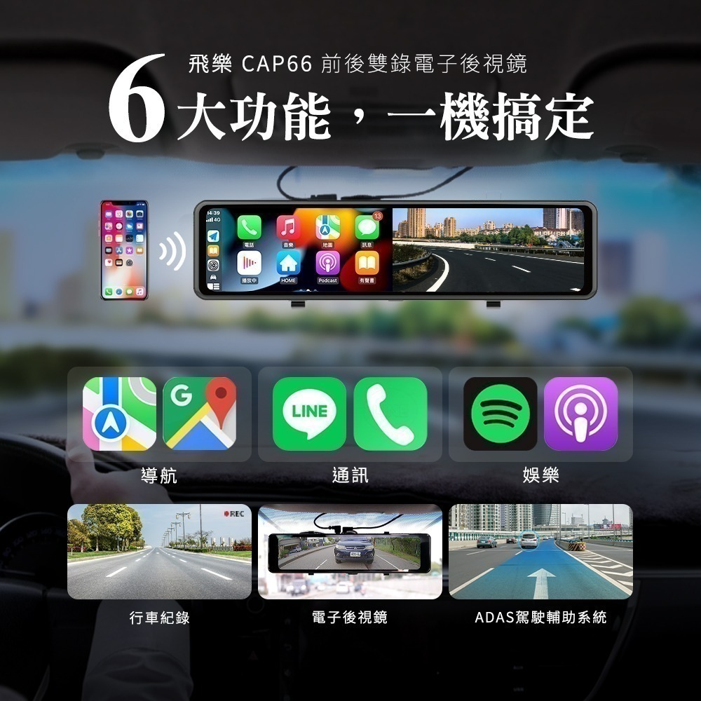 CAP66電子後視鏡 CarPlay/Android Auto 4K畫質 雙鏡頭行車紀錄器-細節圖4