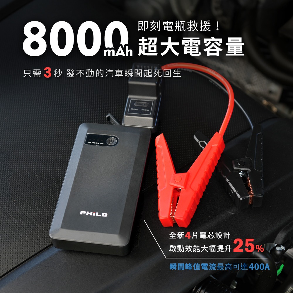 【Philo飛樂】純黑潮酷款 8000mAh汽油版救車行動電源 PQC-8000SE-細節圖3