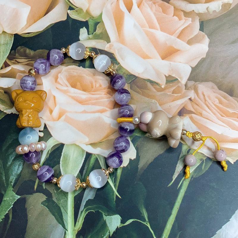 雲塵之飾·花晶靈 臺灣出貨 🚚 快速出貨 原創設計款 15手圍 阿拉善 璐娜貓 米菲兔 夢幻紫水晶 透石膏 海藍寶 珍珠-細節圖2