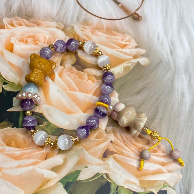 雲塵之飾·花晶靈 臺灣出貨 🚚 快速出貨 原創設計款 15手圍 阿拉善 璐娜貓 米菲兔 夢幻紫水晶 透石膏 海藍寶 珍珠-細節圖4