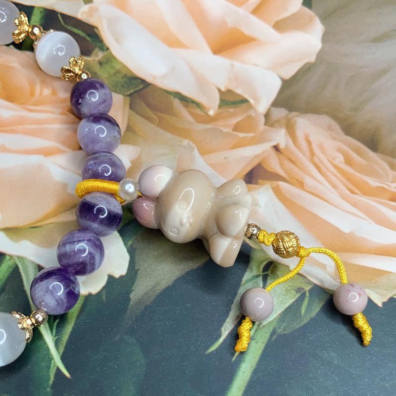 雲塵之飾·花晶靈 臺灣出貨 🚚 快速出貨 原創設計款 15手圍 阿拉善 璐娜貓 米菲兔 夢幻紫水晶 透石膏 海藍寶 珍珠-細節圖6