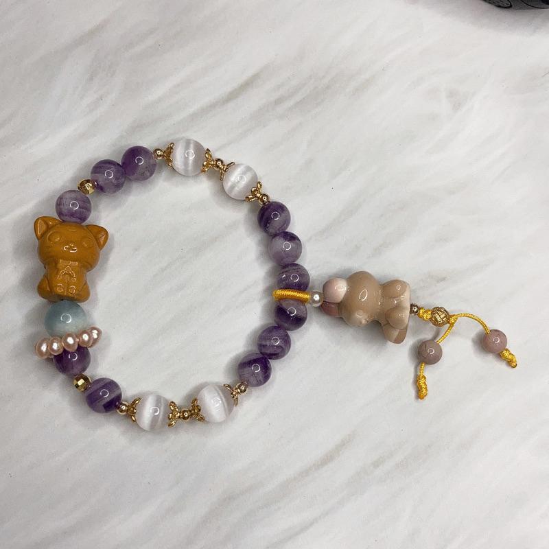 雲塵之飾·花晶靈 臺灣出貨 🚚 快速出貨 原創設計款 15手圍 阿拉善 璐娜貓 米菲兔 夢幻紫水晶 透石膏 海藍寶 珍珠-細節圖7