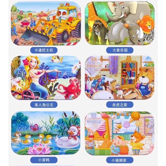 【Mate_Shop】60片鐵盒裝木質拼圖兒童禮物嬰兒智力開發玩具迪士尼限量款公主冰雪奇緣小豬佩奇海綿寶寶現貨 批發-細節圖5