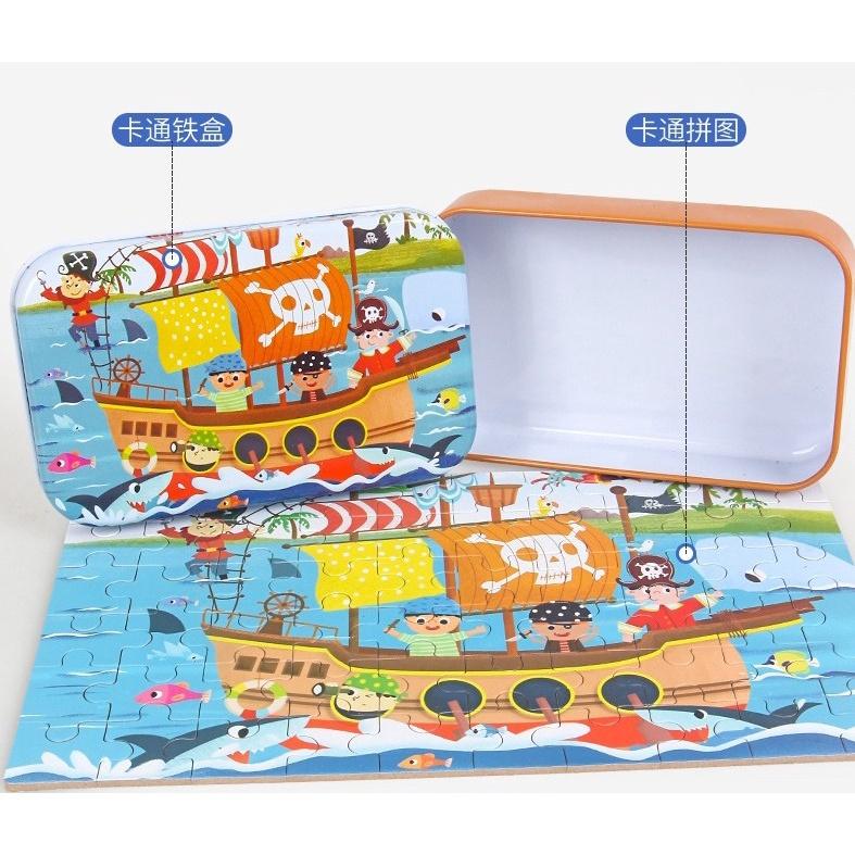 【Mate_Shop】60片鐵盒裝木質拼圖兒童禮物嬰兒智力開發玩具迪士尼限量款公主冰雪奇緣小豬佩奇海綿寶寶現貨 批發-細節圖8