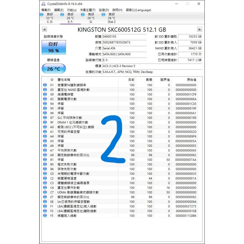 金士頓 Kingston 2.5 吋 SATA SSD 256GB 480GB 512GB 固態硬碟 二手-細節圖3