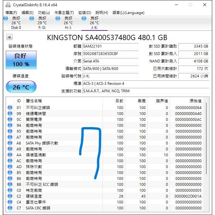 金士頓 Kingston 2.5 吋 SATA SSD 256GB 480GB 512GB 固態硬碟 二手-細節圖8