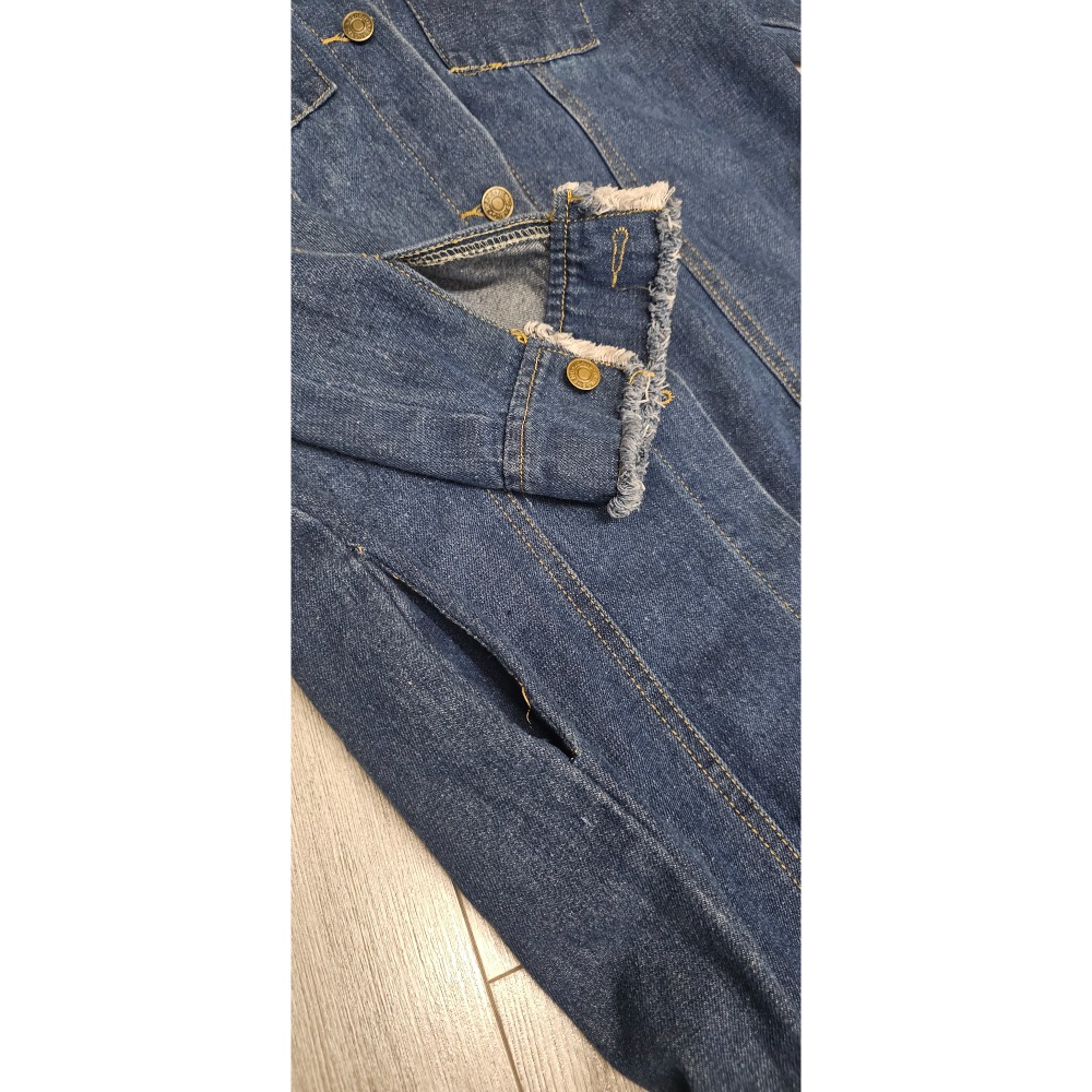 近新 牛仔刷破長版外套/牛仔長洋裝/雙口袋牛仔洋裝～春秋款-細節圖6