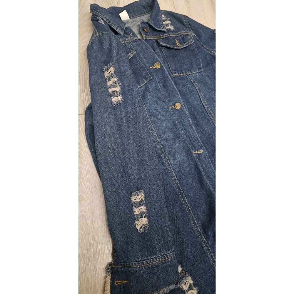 近新 牛仔刷破長版外套/牛仔長洋裝/雙口袋牛仔洋裝～春秋款-細節圖8