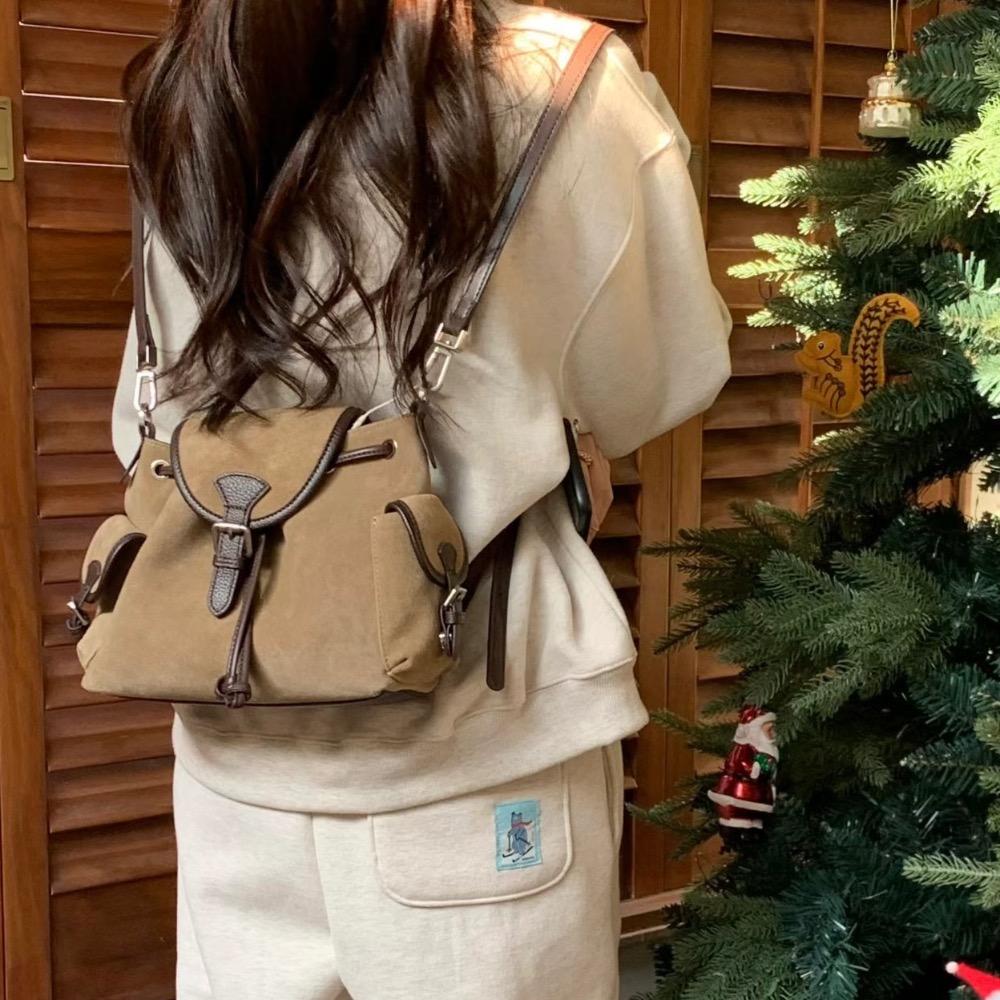 KeCom。LEONIE 真皮 麂皮 抽拉繩 肩背包 後背包-細節圖2