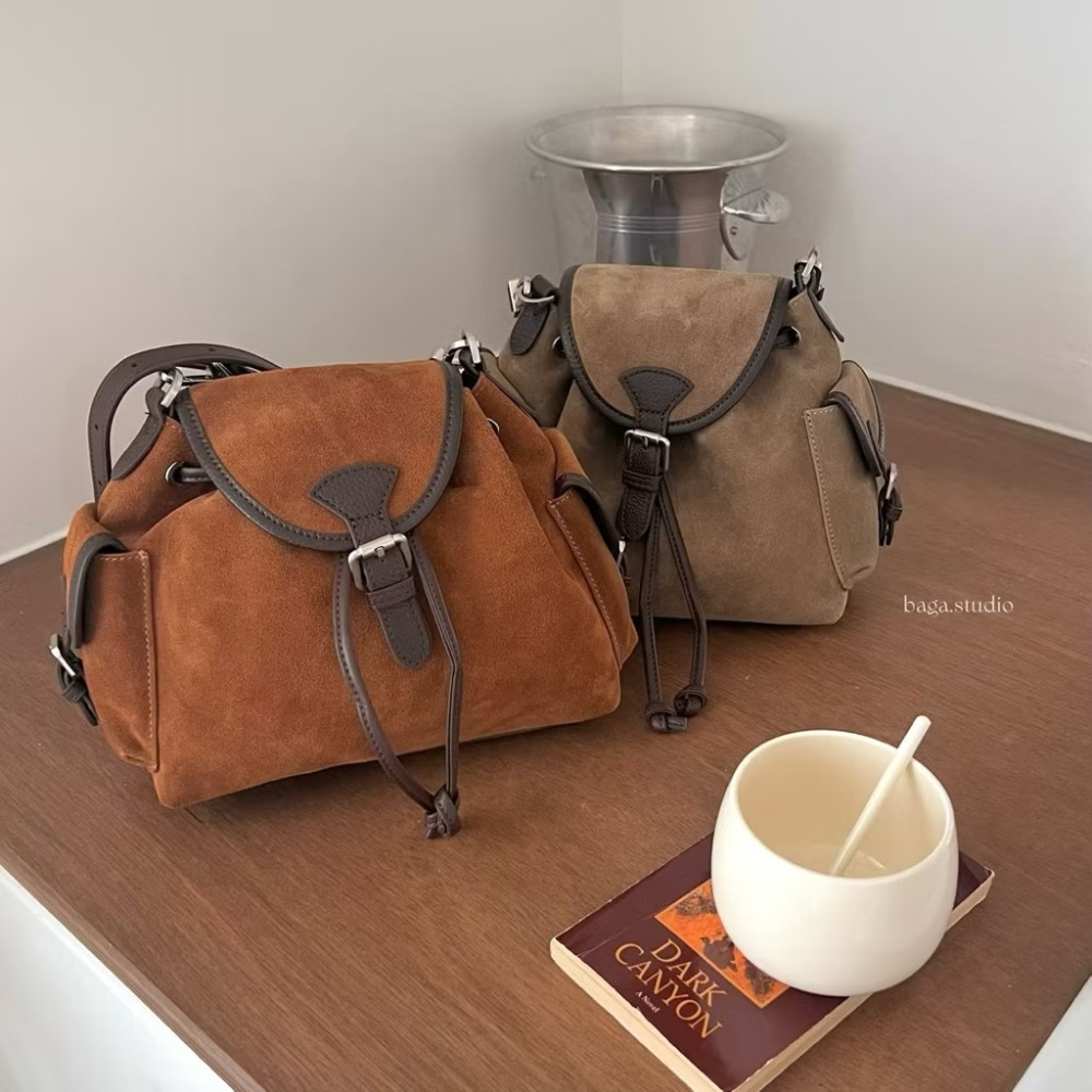 KeCom。LEONIE 真皮 麂皮 抽拉繩 肩背包 後背包-細節圖3