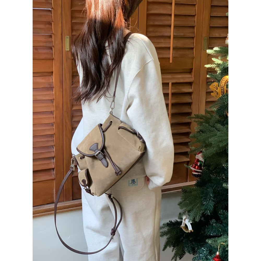 KeCom。LEONIE 真皮 麂皮 抽拉繩 肩背包 後背包-細節圖5