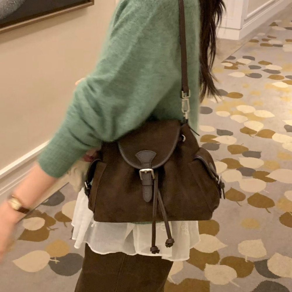 KeCom。LEONIE 真皮 麂皮 抽拉繩 肩背包 後背包-細節圖7