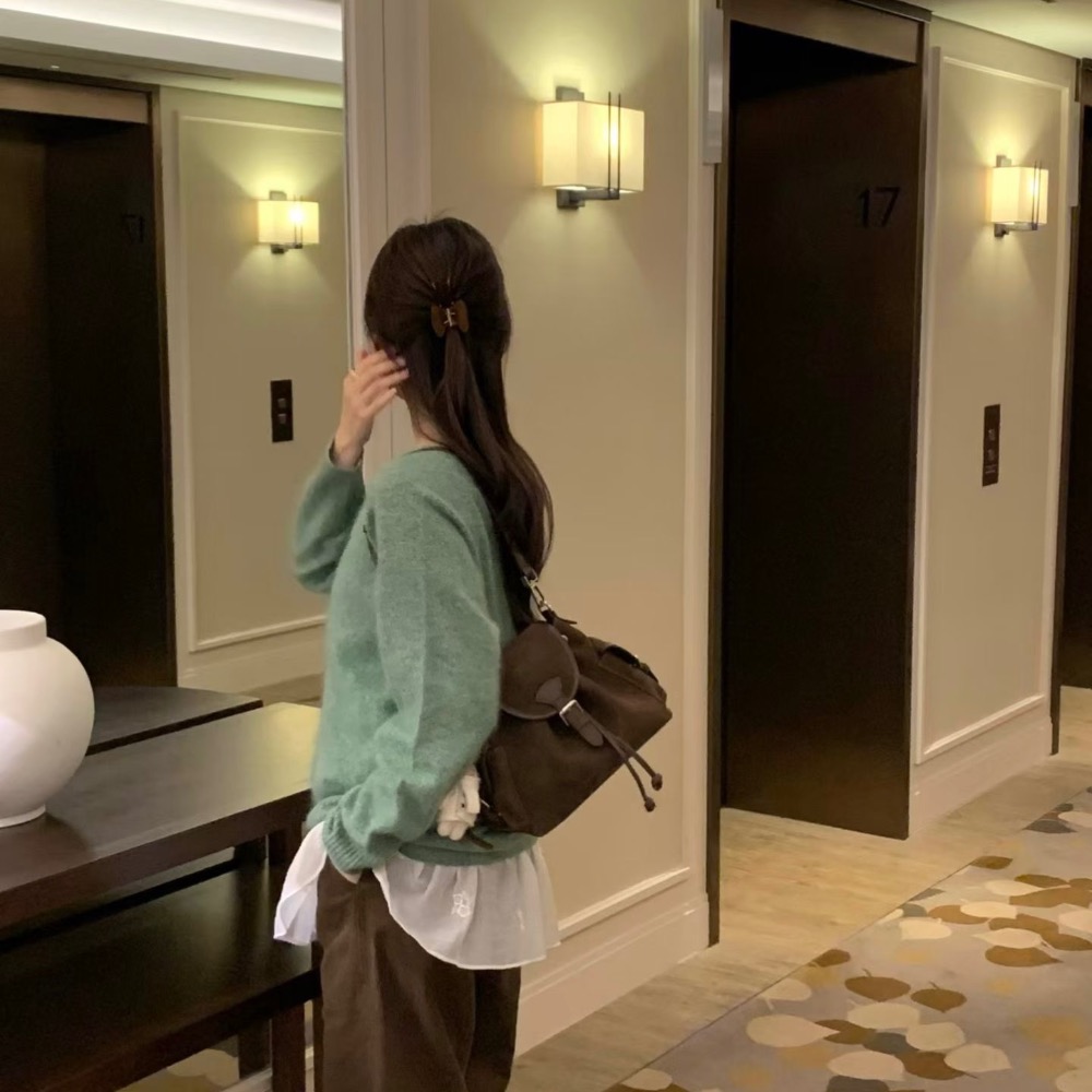 KeCom。LEONIE 真皮 麂皮 抽拉繩 肩背包 後背包-細節圖8