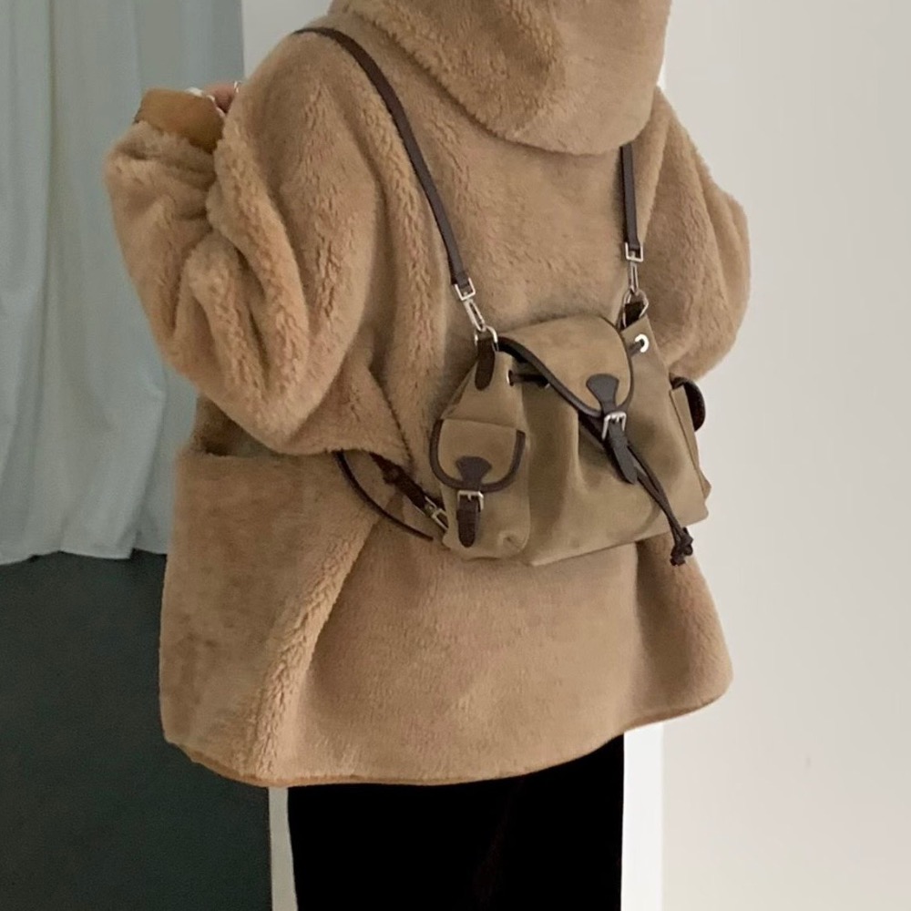 KeCom。LEONIE 真皮 麂皮 抽拉繩 肩背包 後背包-細節圖9