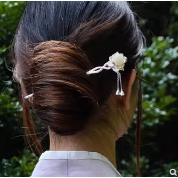 天然與田玉荷花925銀古典盤髮簪-細節圖2