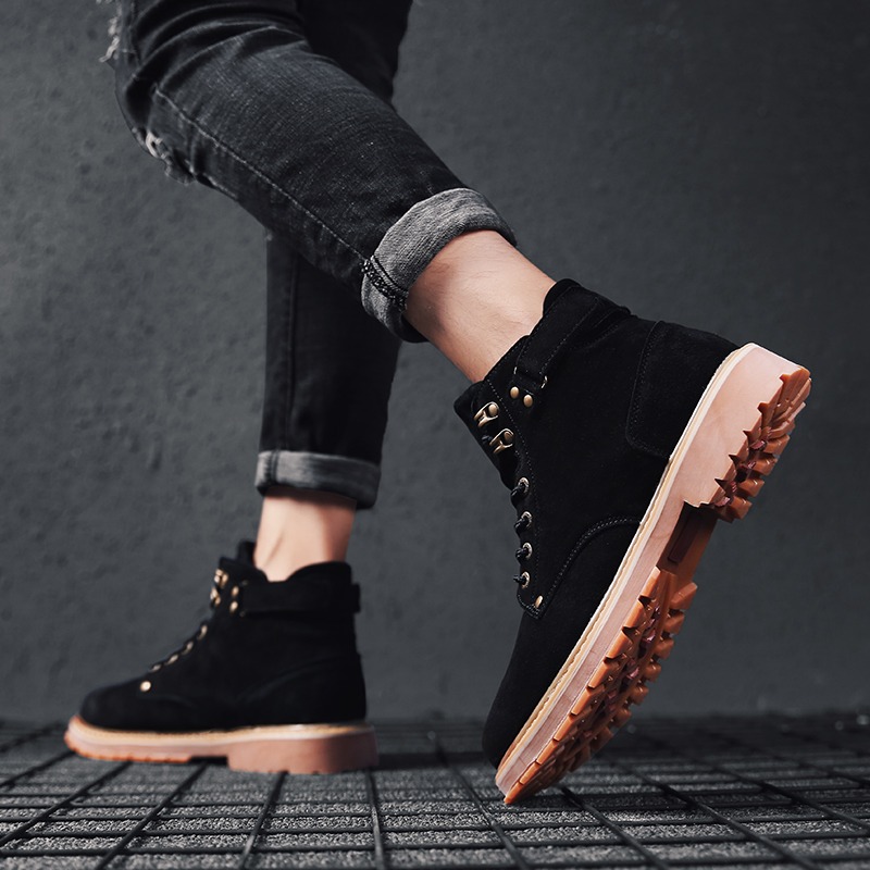 中幫靴子男士馬丁靴男英倫風高幫男鞋皮靴工裝雪地靴秋季百搭棉鞋-細節圖3