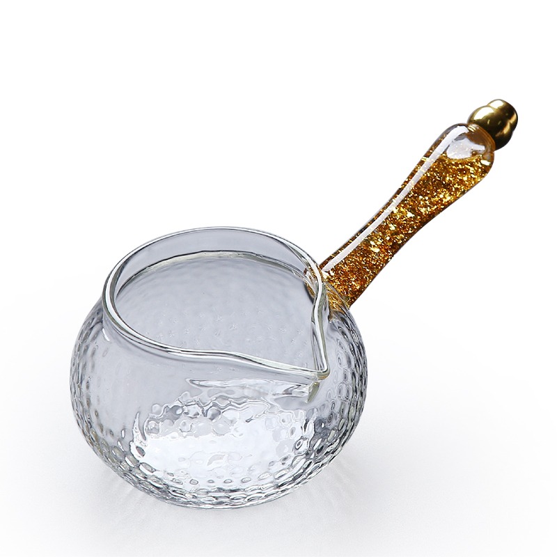 玻璃側把公道杯耐熱加厚功夫茶具配件日式金箔錘紋分茶器茶漏一體-細節圖2