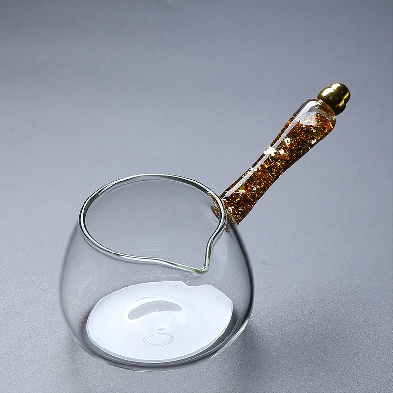 玻璃側把公道杯耐熱加厚功夫茶具配件日式金箔錘紋分茶器茶漏一體-細節圖3