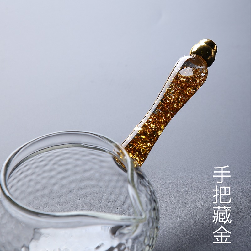 玻璃側把公道杯耐熱加厚功夫茶具配件日式金箔錘紋分茶器茶漏一體-細節圖5