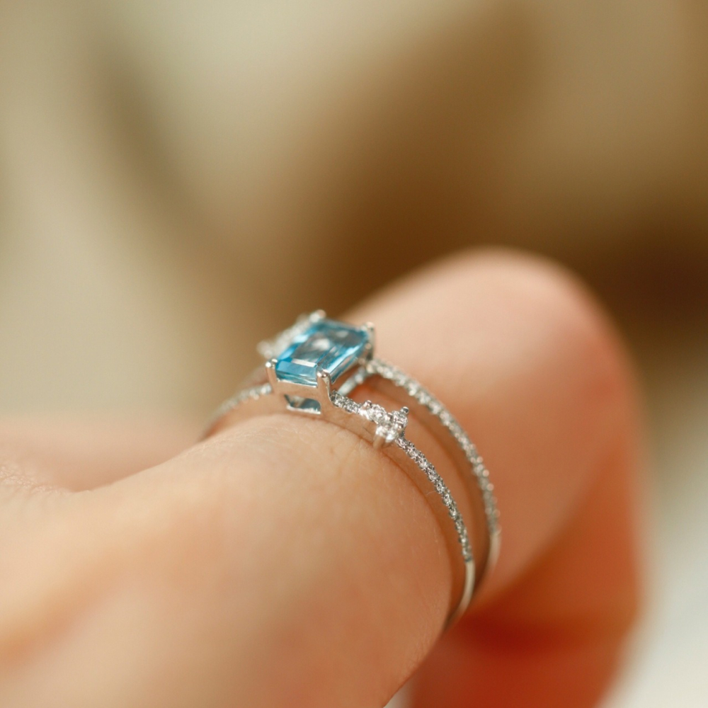 海藍寶戒指女高級感輕奢藍色方形指環簡約設計感手飾2021年新款潮-細節圖10