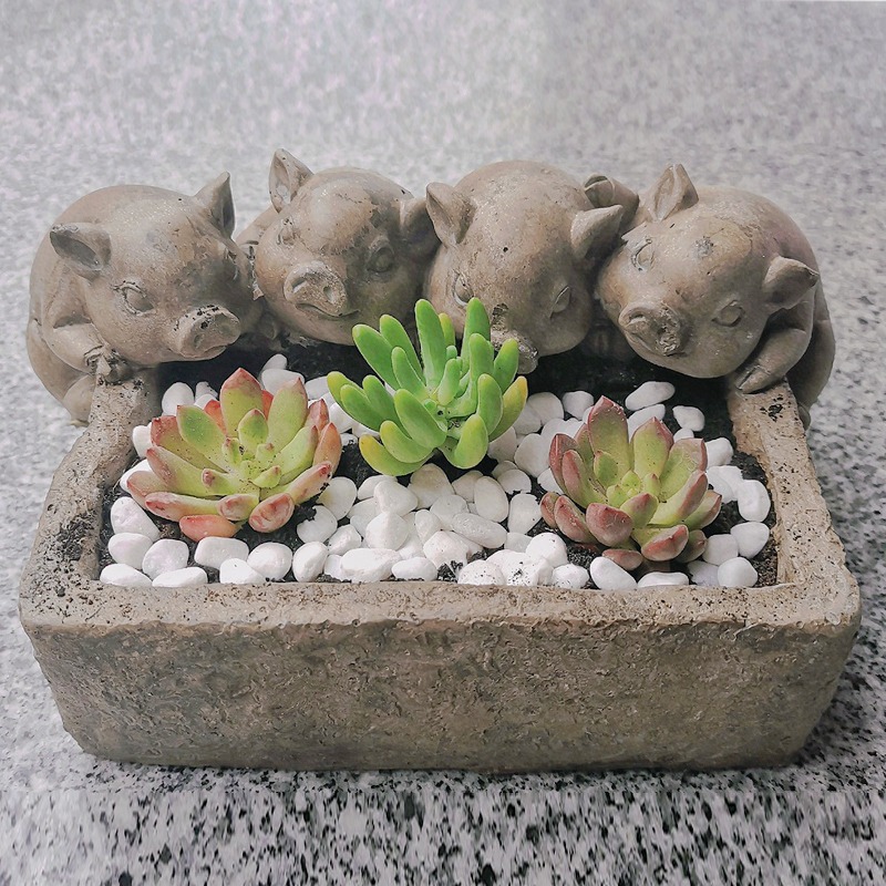 趣淘美式鄉村戶外陽臺別墅復古樹脂創意小豬花盆擺件庭院花園客廳-細節圖2