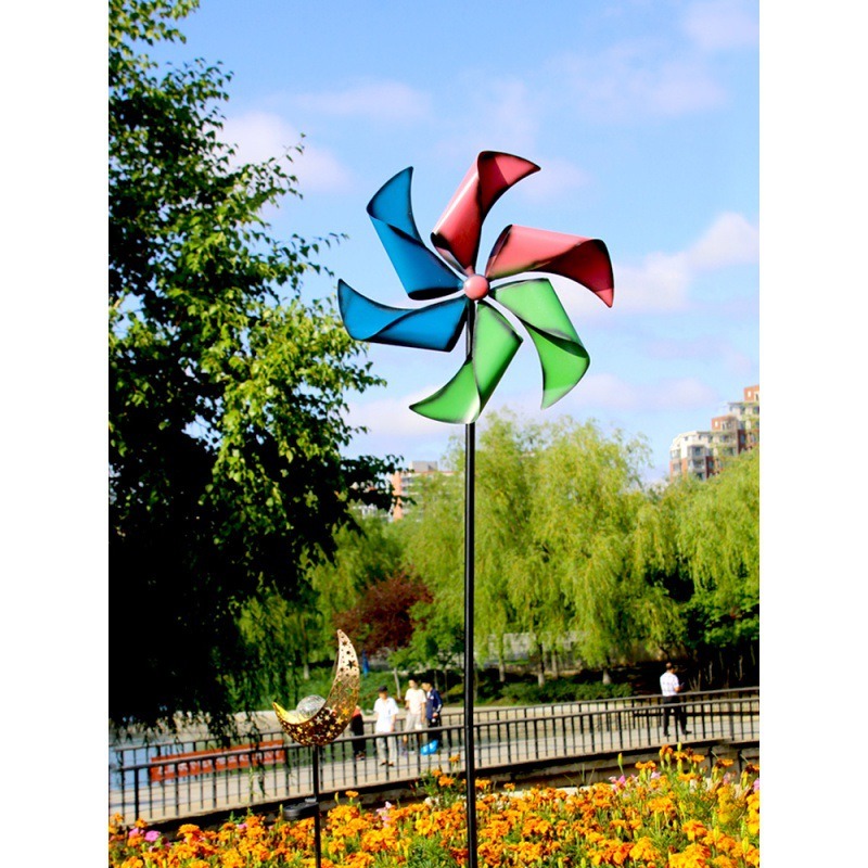 彩色大風車裝飾戶外旋轉七彩鐵藝工藝品插件別墅花園庭院田園擺件-細節圖2