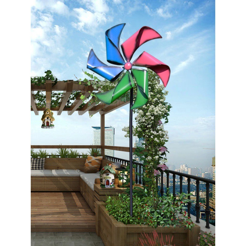 彩色大風車裝飾戶外旋轉七彩鐵藝工藝品插件別墅花園庭院田園擺件-細節圖3