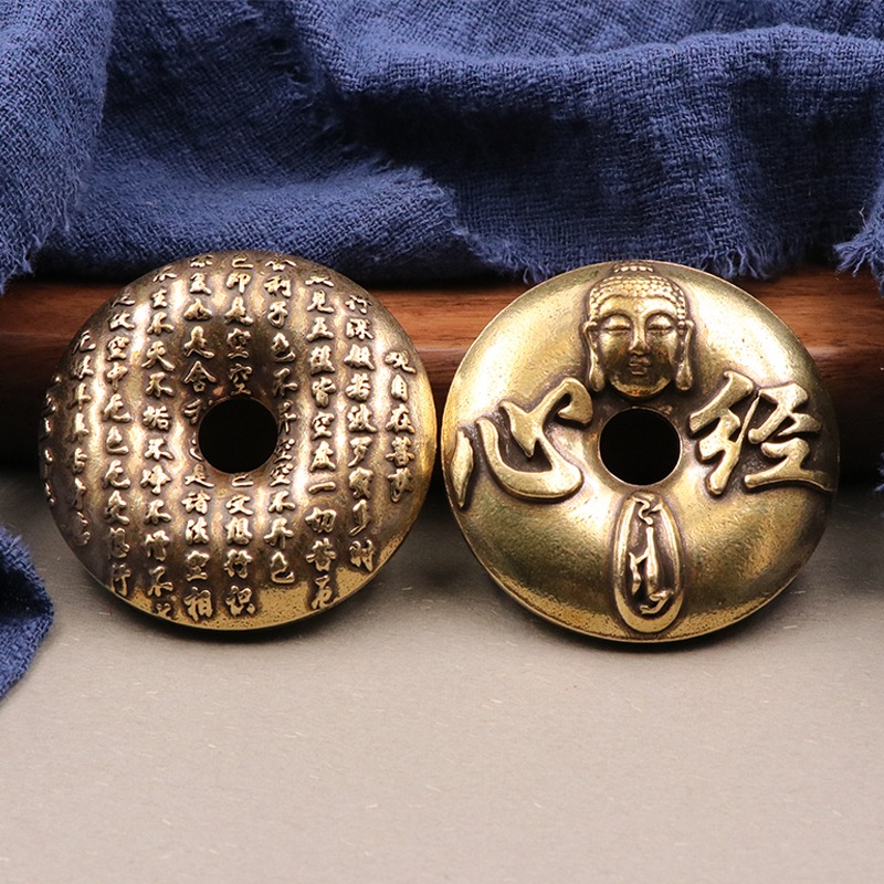 黃銅鑄心經佛頭平安扣鎮紙實心銅圈鑰匙扣包掛手把玩銅藝銅飾-細節圖8