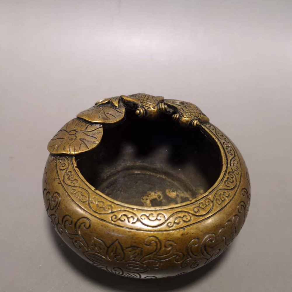 仿古純銅煙灰缸黃銅文房四寶圓形金魚筆洗擺件居家裝飾品-細節圖2