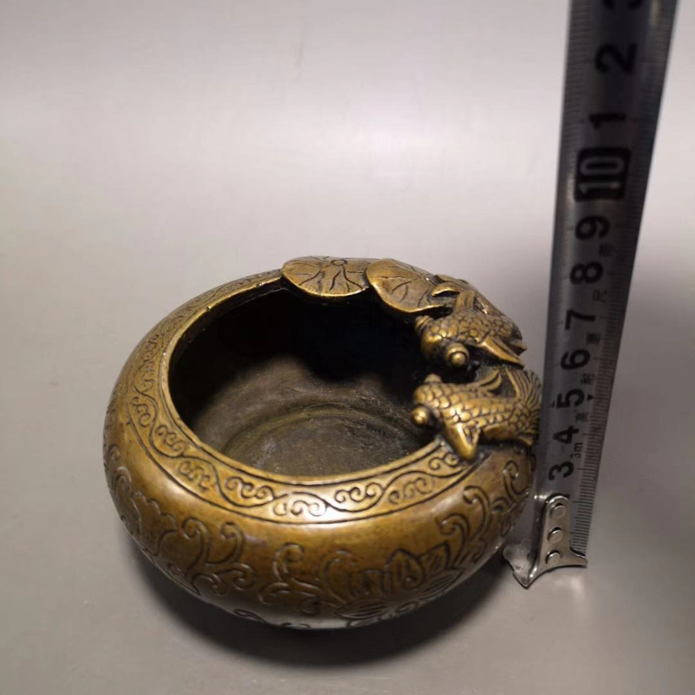 仿古純銅煙灰缸黃銅文房四寶圓形金魚筆洗擺件居家裝飾品-細節圖5