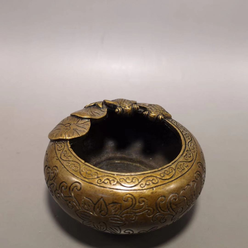 仿古純銅煙灰缸黃銅文房四寶圓形金魚筆洗擺件居家裝飾品-細節圖7
