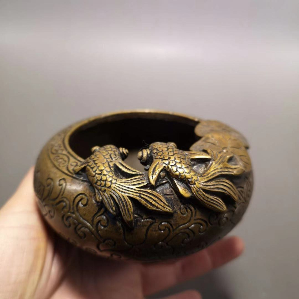 仿古純銅煙灰缸黃銅文房四寶圓形金魚筆洗擺件居家裝飾品-細節圖9