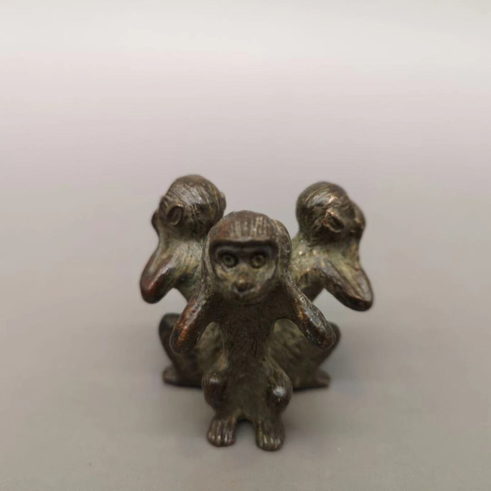 仿古三不猴銅擺件不看不聽不說純銅猴子文玩手把件書房桌面擺件-細節圖7