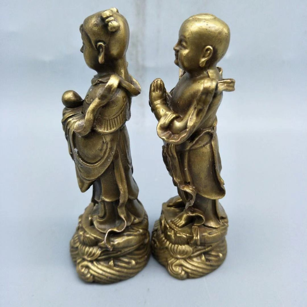仿古做舊純銅金童玉女擺件善財童子龍女佛像一對家居裝飾擺設-細節圖2