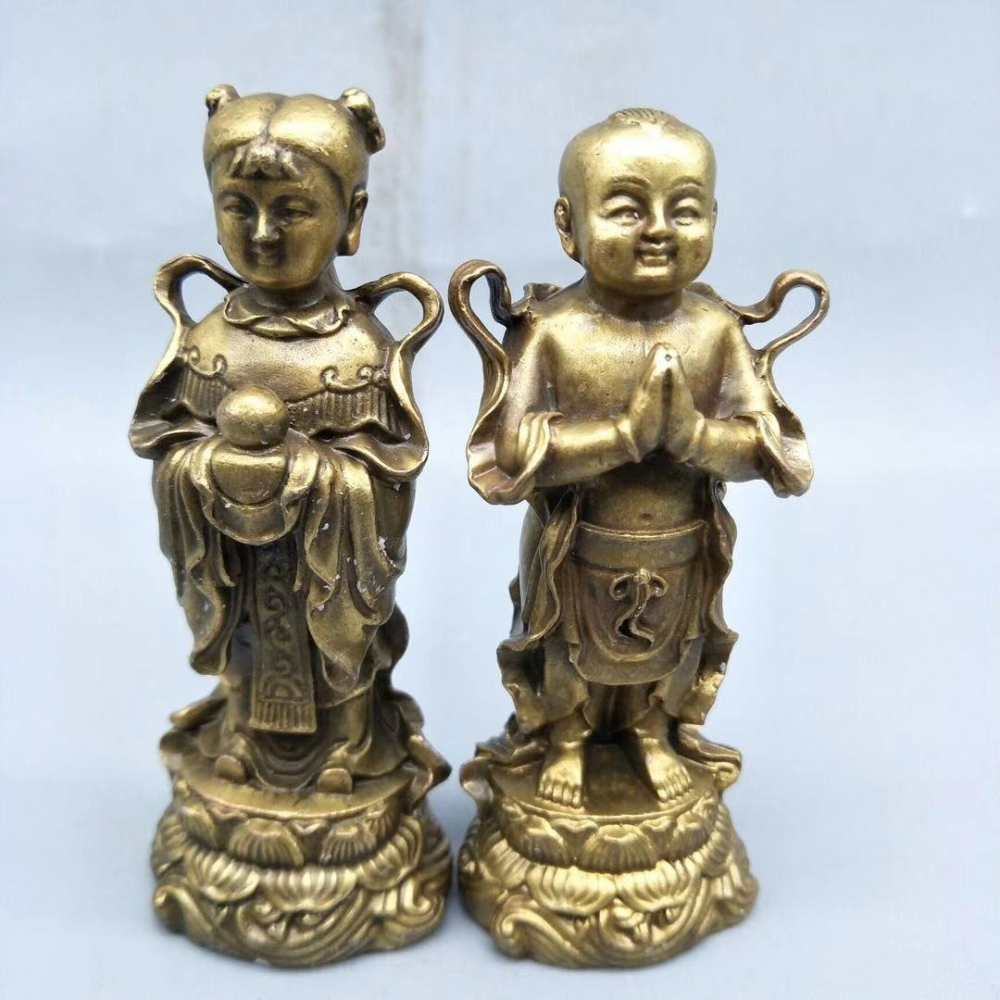 仿古做舊純銅金童玉女擺件善財童子龍女佛像一對家居裝飾擺設-細節圖7