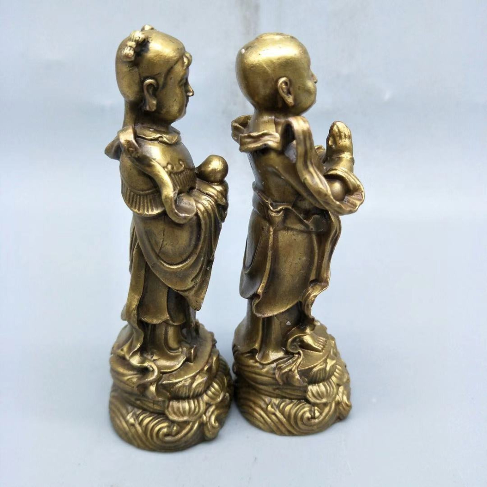 仿古做舊純銅金童玉女擺件善財童子龍女佛像一對家居裝飾擺設-細節圖9