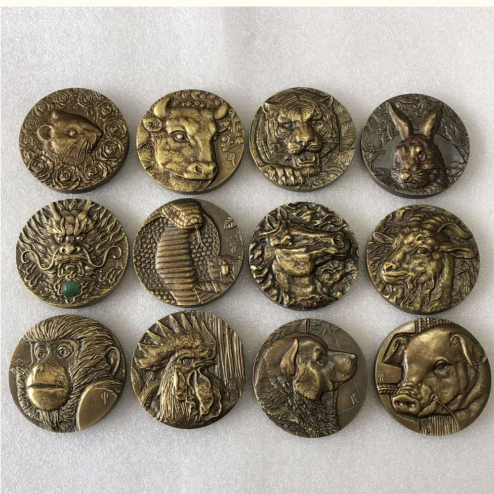 仿古純銅十二生肖紀念章大全套黃銅全套像章書桌辦公室裝飾品擺件-細節圖7