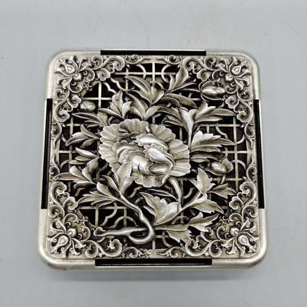 仿古白銅鍍銀鏤空墨盒香薰爐多款花紋家居裝飾工藝品擺件影視道具-細節圖4
