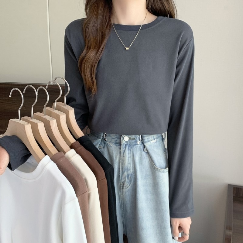 大碼女裝胖MM洋氣百搭德絨打底衫女秋冬內搭上衣圓領純色長袖T恤-細節圖2